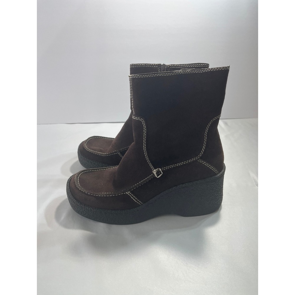 Bongo Vintage Suede Platform Wedge Ankle Boots Contrast Stitch Women 7.5 Brown